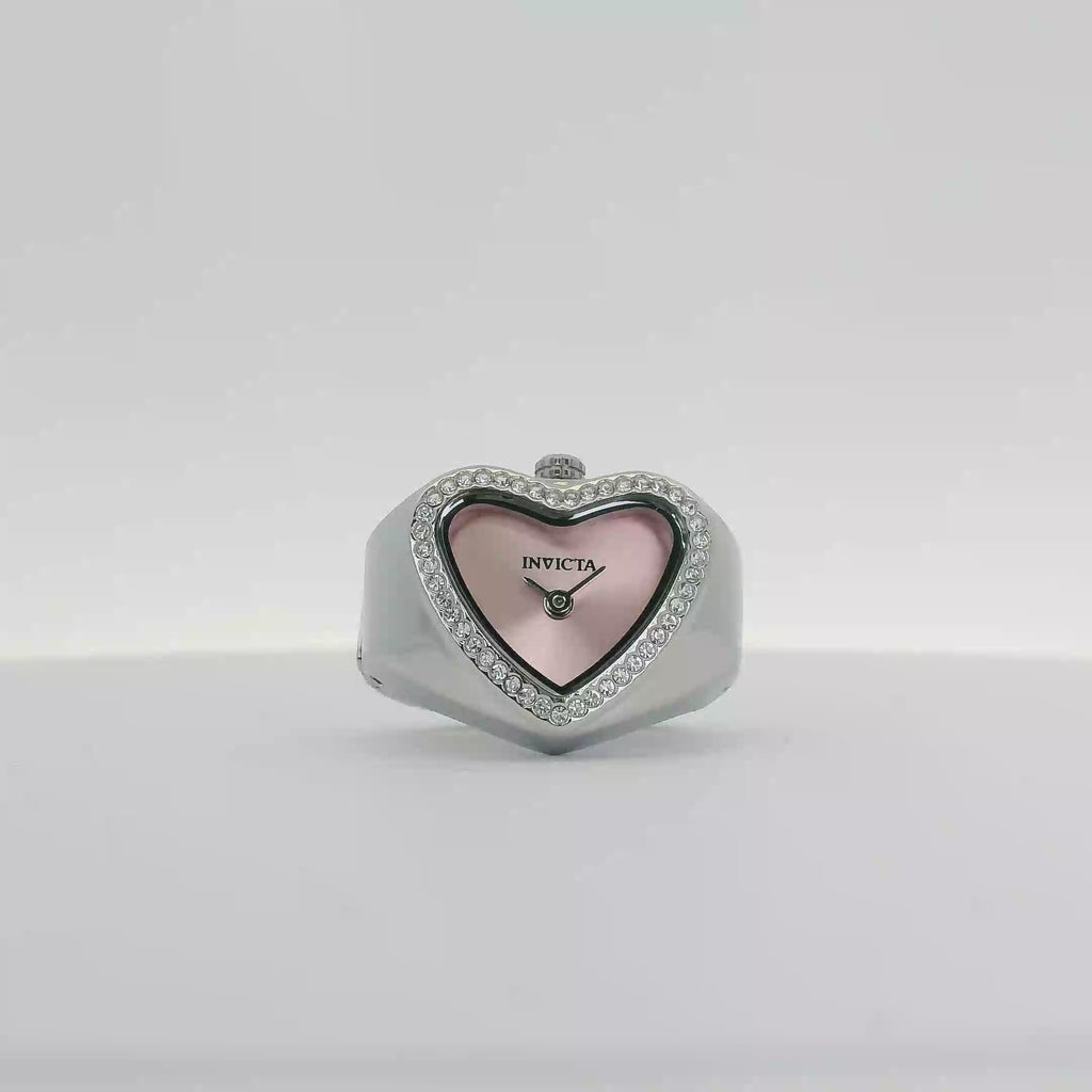 Invicta Angel Mini 49571 – White Gold Heart‑Shaped Halo Watch-Ring with Pink Dial