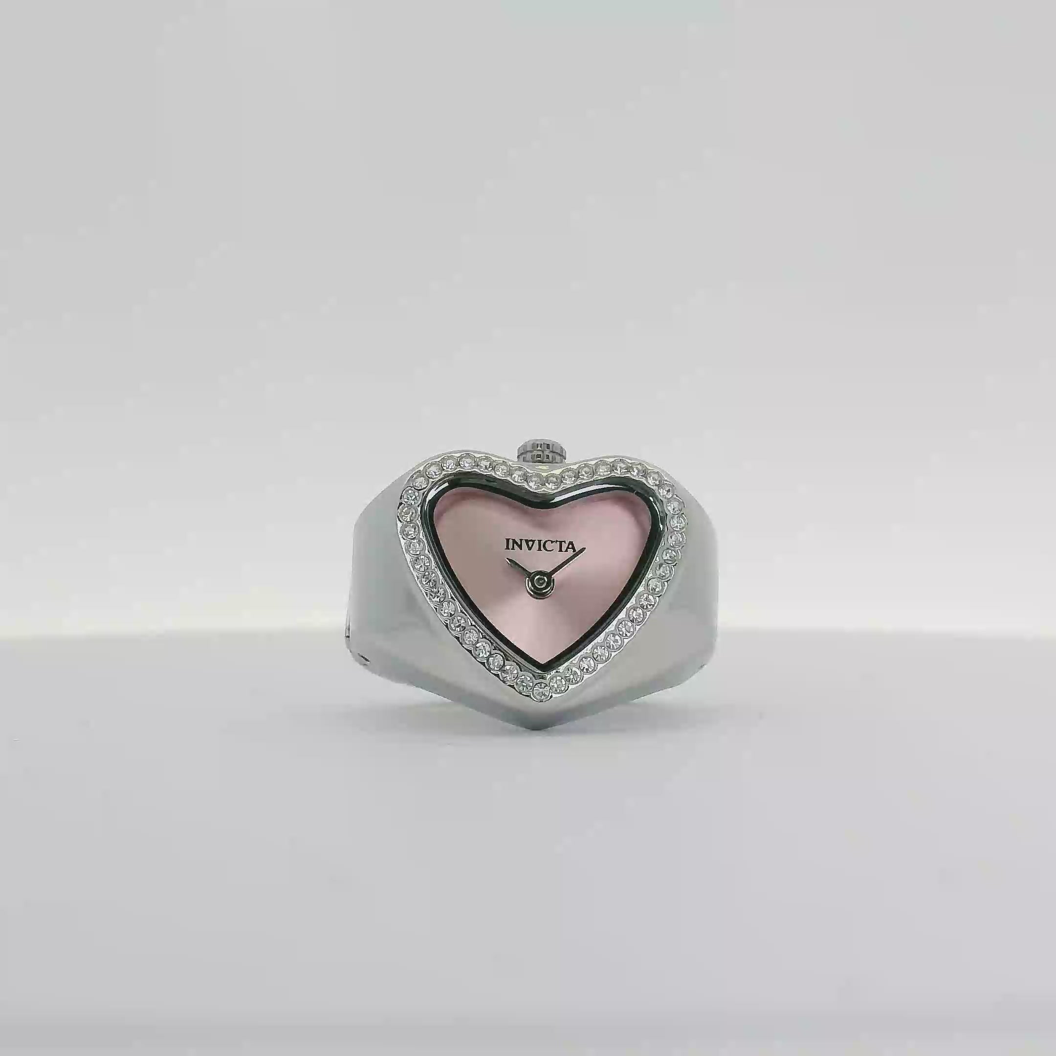 Invicta Angel Mini 49571 – White Gold Heart‑Shaped Halo Watch-Ring with Pink Dial