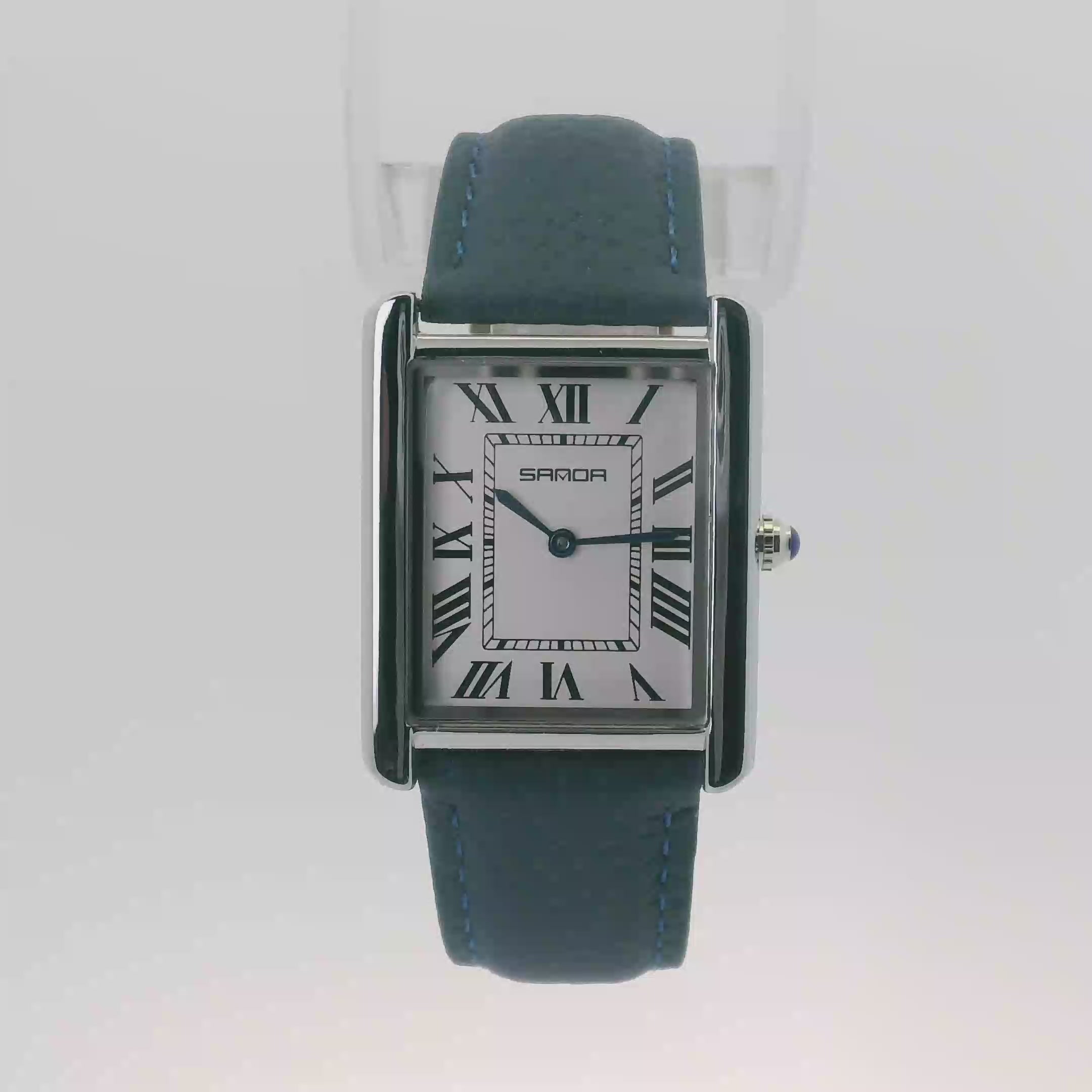 SAMDA WS104LA Elegant "Tank" Large Ladies Quartz Leather Strap Watch Silver-Tone - 27x29mm Rectangular