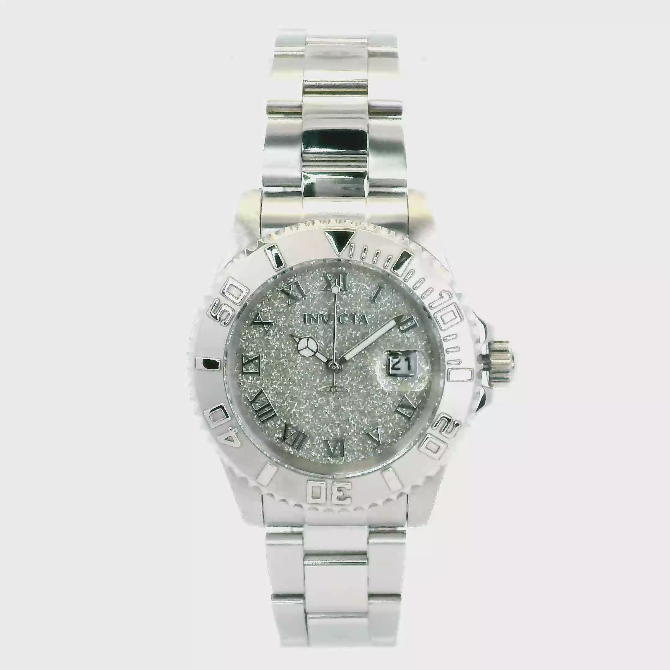 White Gold-Tone Stainless Steel Crystal Watch – 40mm Rotating Bezel, Date Window, Luxury -Quartz