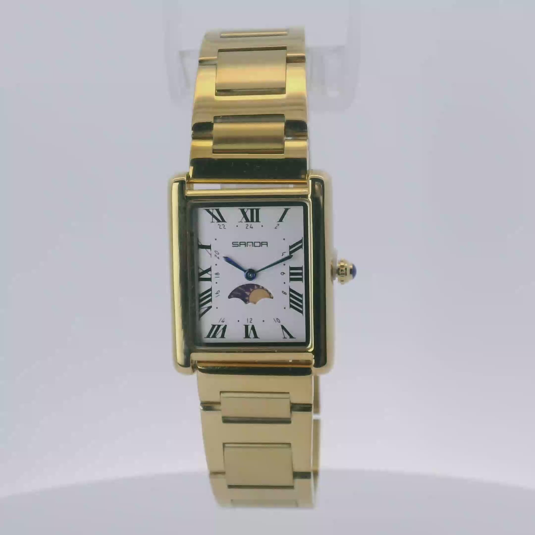 SAMDA WS107G Elegant "Tank" Sun & Moon Ladies Quartz Watch Gold-Tone - 24x31mm Rectangular