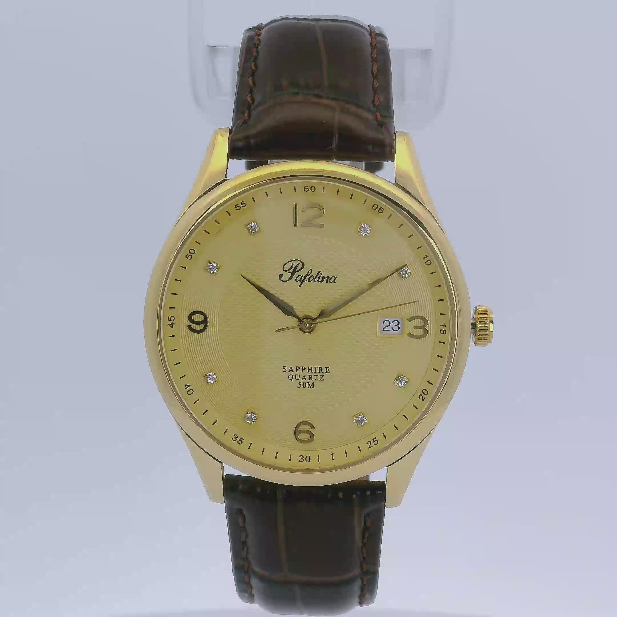 Pafolina Elegant Sapphire Quartz – Classic Gold-Tone & Brown 40mm