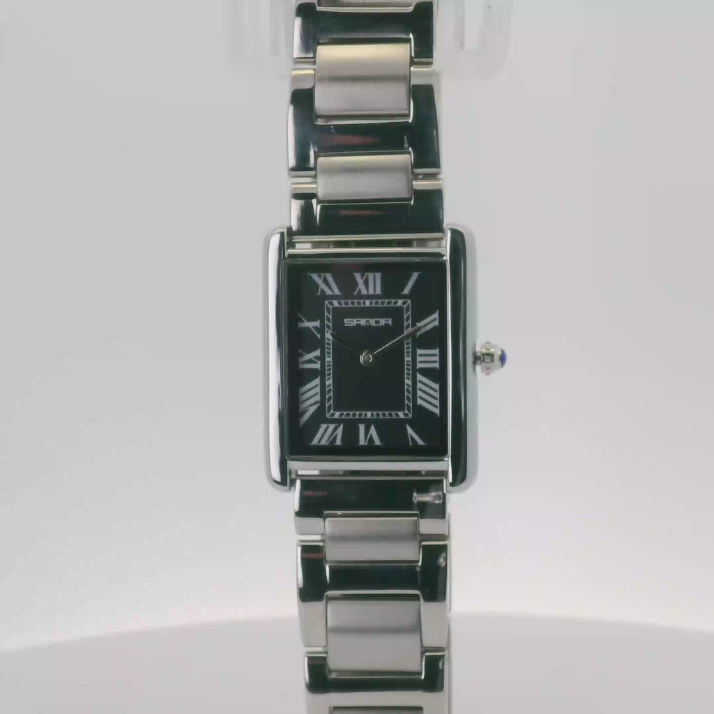 SAMDA WS104SB Elegant "Tank" Ladies Quartz Watch Silver-Tone - 24x31mm Rectangular