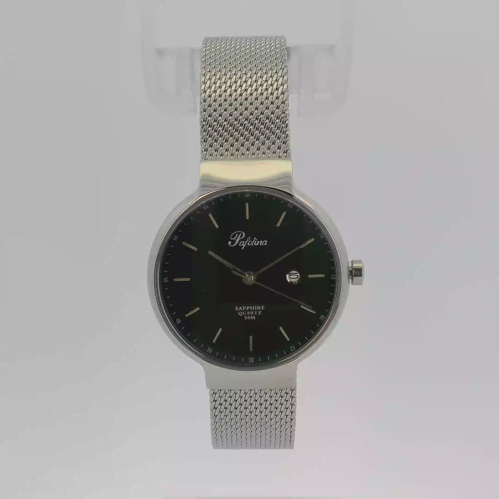 Pafolina Watch Minimalist – Scratch-resistant Sapphire Crystal Black & Silver-Tone Mesh Edition 30mm