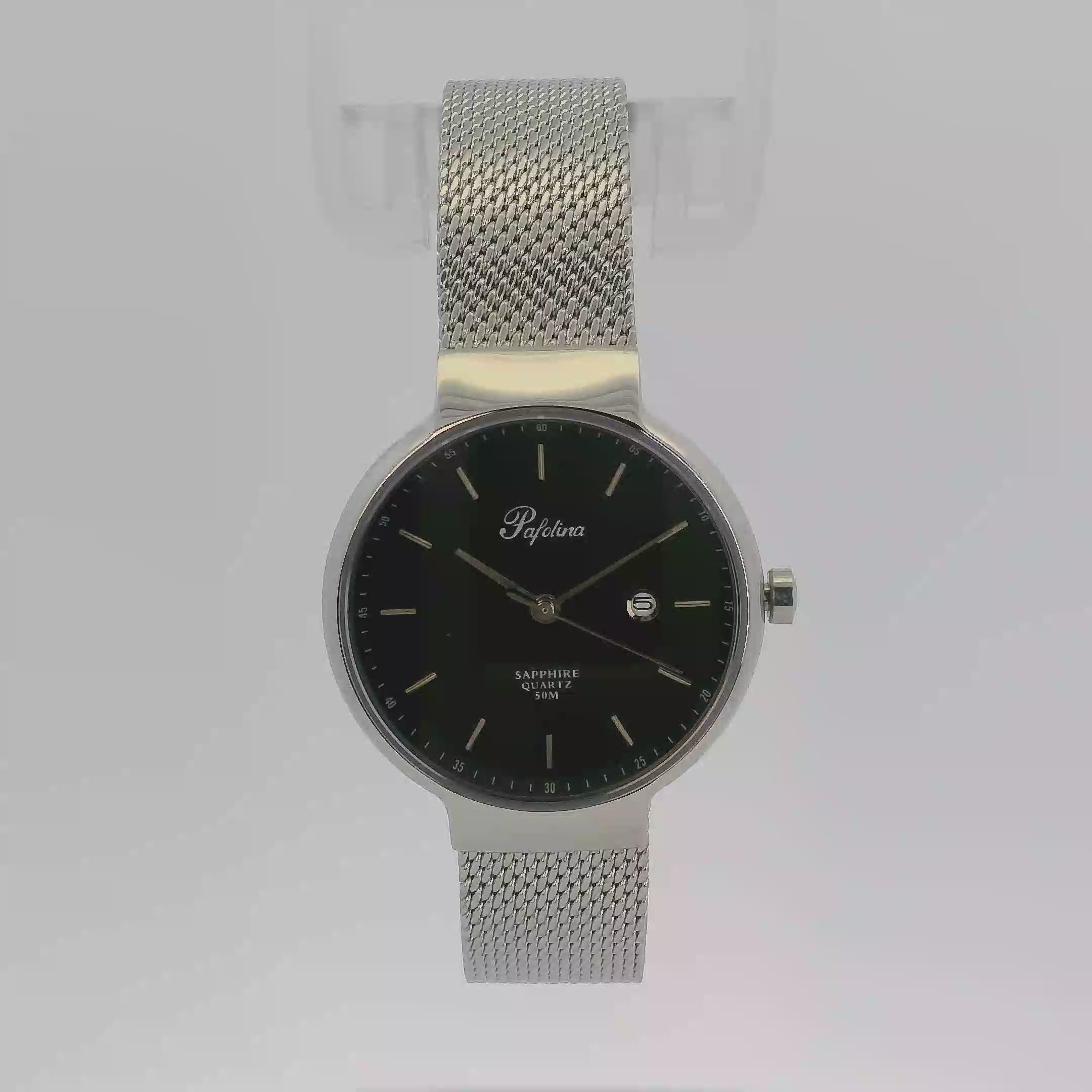 Pafolina Watch Minimalist – Scratch-resistant Sapphire Crystal Black & Silver-Tone Mesh Edition 30mm