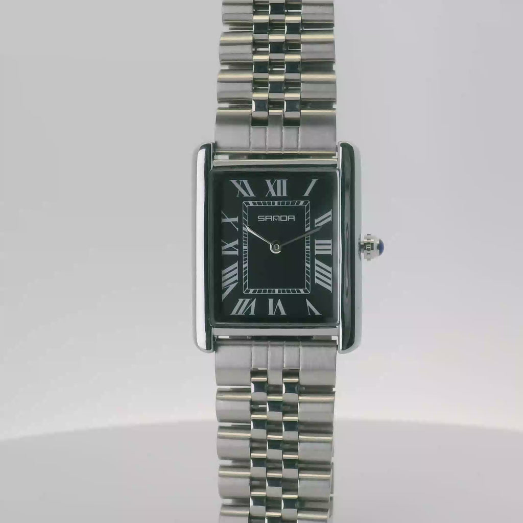 SAMDA WS104JBM Elegant "Tank" Large Ladies Quartz Watch Silver-Tone - 27x29mm Rectangular