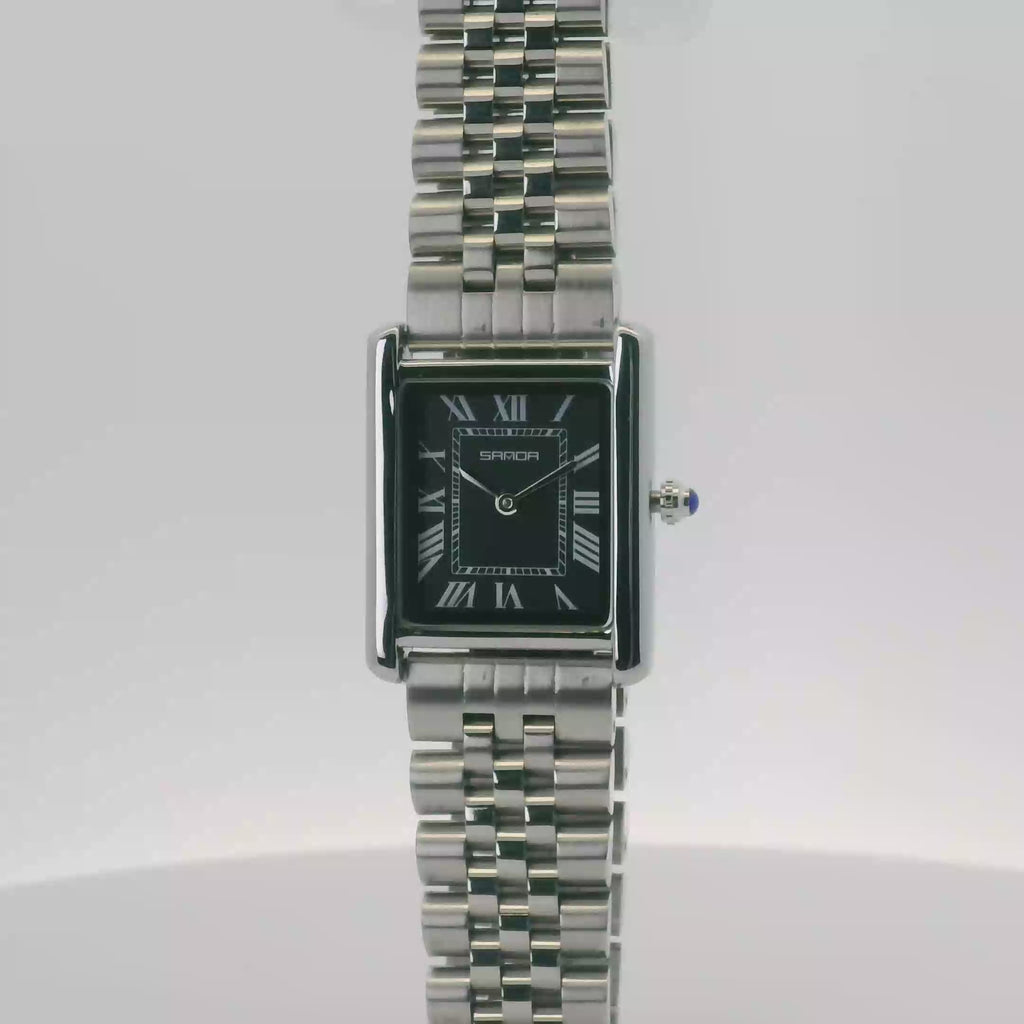 SAMDA WS110JBM Elegant "Tank" Small Ladies Quartz Watch Silver-Tone - 18x26.5mm Rectangular