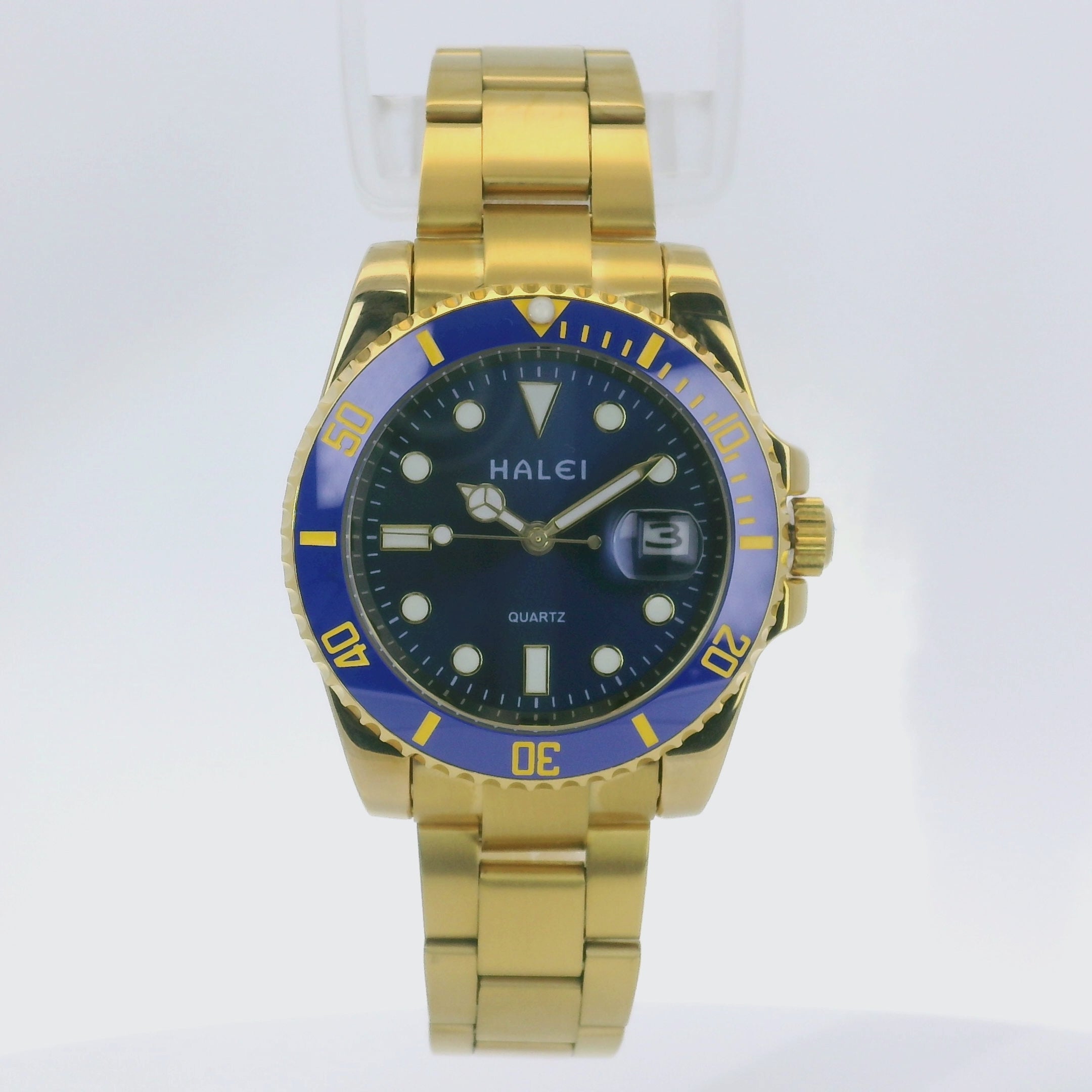 Halei Dive 40 mm Stainless Steel Back Watch – Water‑Resistant, Gold Bracelet, Fast UK Delivery