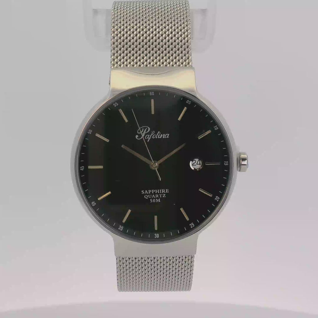 Pafolina Watch Minimalist – Scratch-resistant Sapphire Crystal Black & Silver-Tone Mesh Edition 40mm